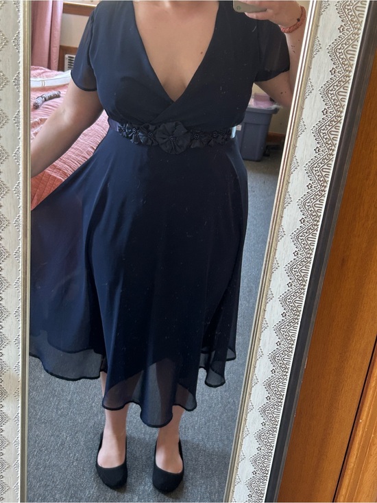 Avenue Dresses & Skirts - Navy Formal Midi Dress with Floral Waist Detailing